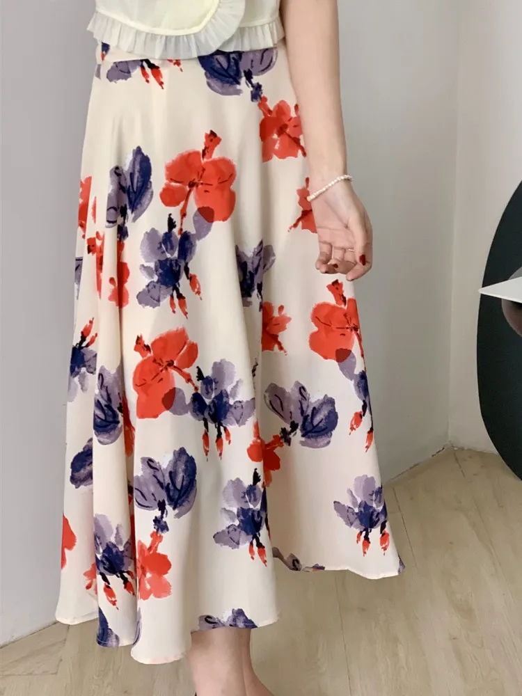 

2Colors Summer Female long Floral Skirts Women korean style Vintage Elegant High Elastic Waist Holiday Elegant (KL5233)