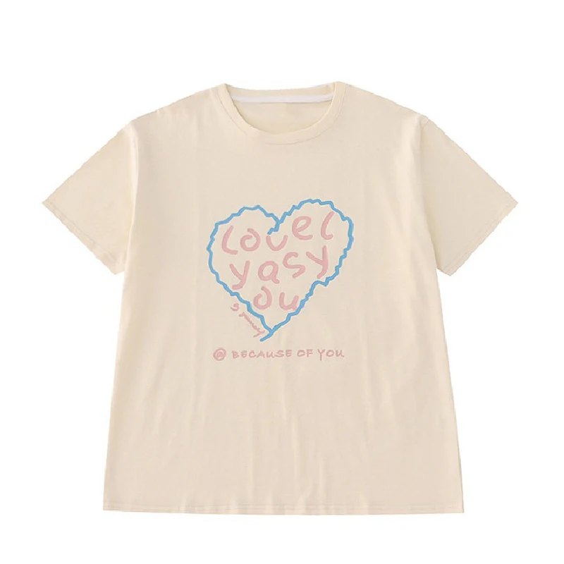 

Bebobsons New Heart Print O Neck Pullover Summer Loose Short Sleeve Women's T-Shirt Top Футболка Оверсайз блузка женская