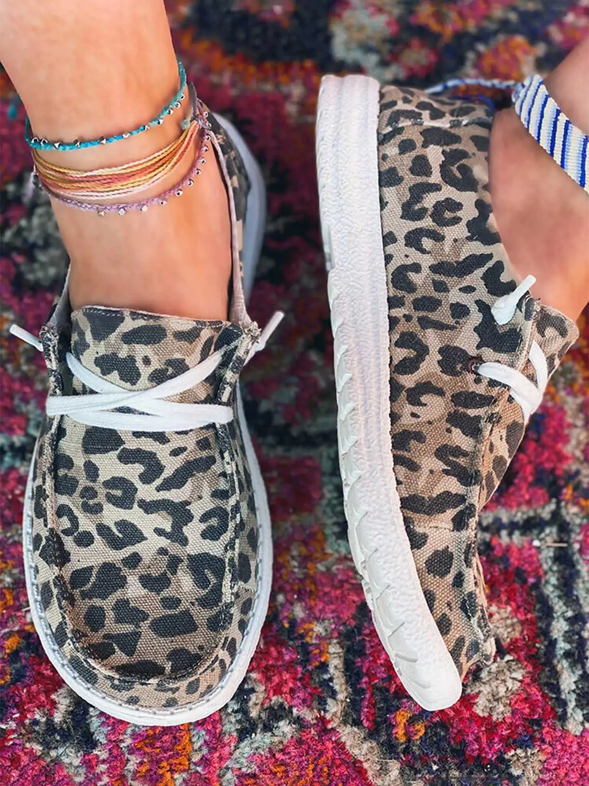 New Ladies Leopard Lace Up Round Toe Flat Sneakers Canvas Shoes Spring Summer Women Casual Shoes Low Upper Slippers Flats