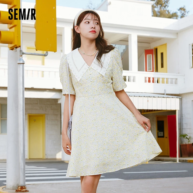 

Semir Dress Women Hollow Out Embroidered Polo Sweet Summer Bubble Sleeve Fragmented Flower Dress Gentle