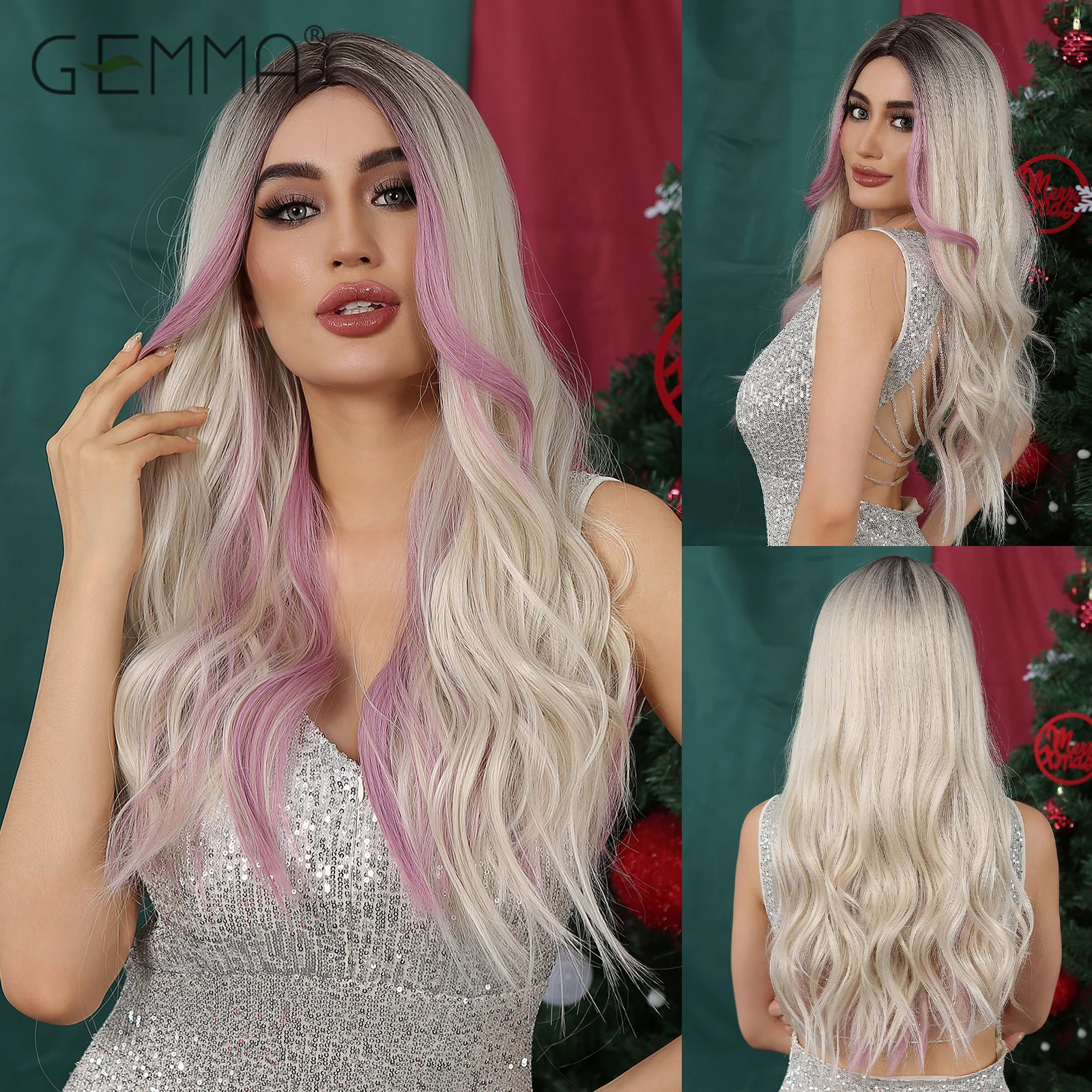 

Synthetic Pink Highlight Blonde Christmas Wig for Women Long Wavy Natural Hair Cosplay Party Daily Wig Heat Resistant Fibre