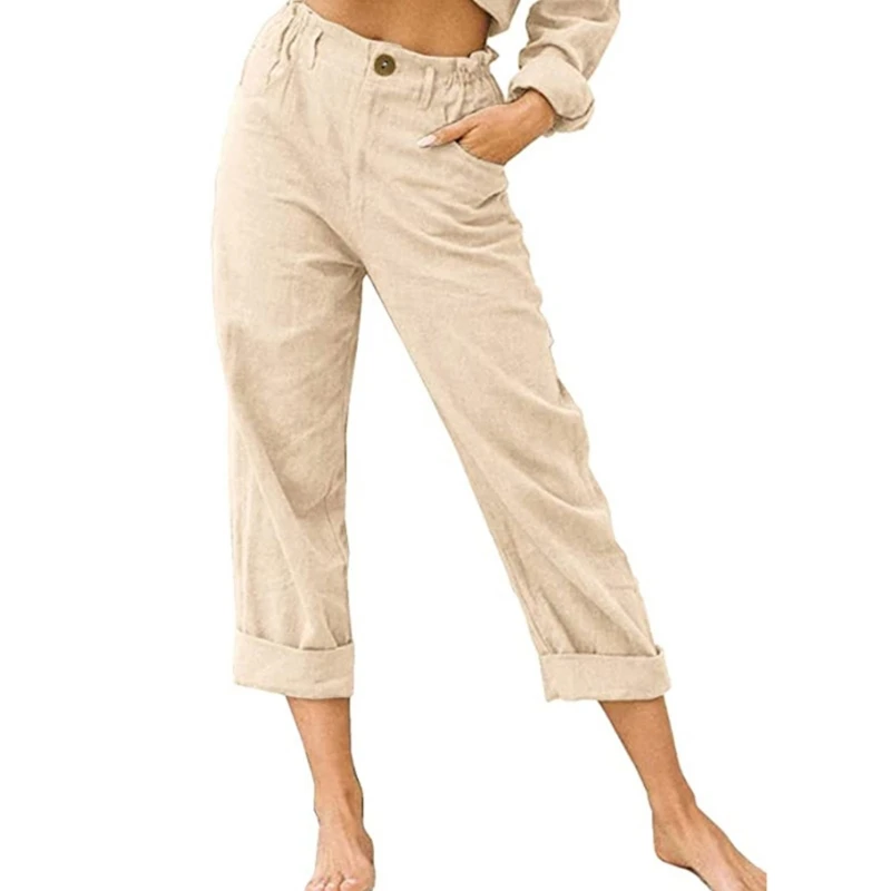 

Womens Cotton Linen Pant for Summer Back Elastic Waist Casual Loose Fit Solid Color Straight Leg Trousers with Pockets