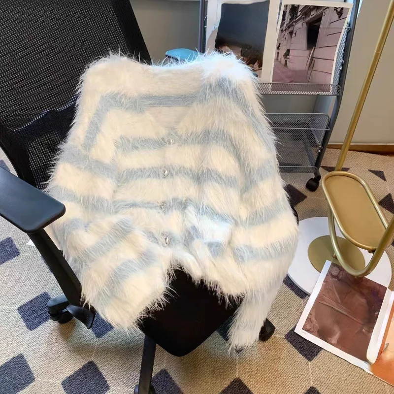 Осенне-зимние женские кардиганы Matakawa полосатые норковые кашемировые мягкие