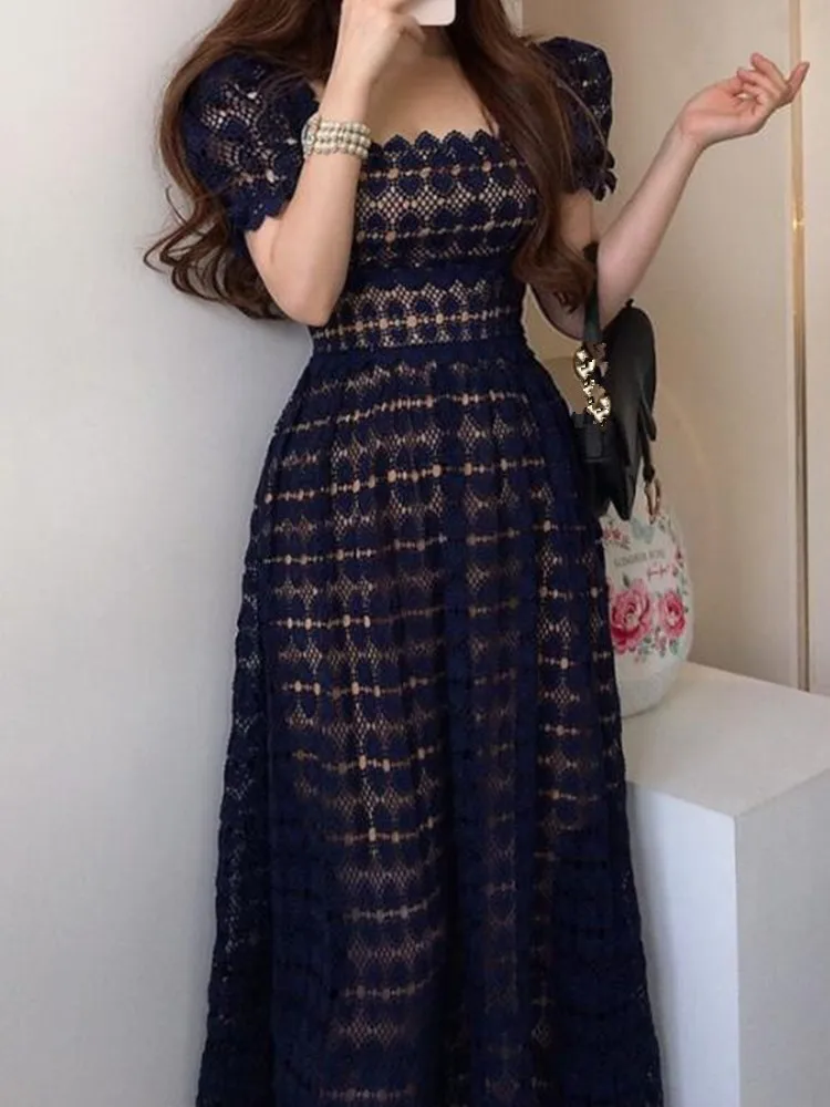 

ZAWFL Self Portrait European Runway Designer Summer 2022 Women Elegant Heart Shaped Hollow Out Lace Long Dress Vestido De Festa