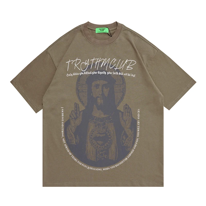 

Harajuku Back Cross Letter Jesus Print Summer Mens Tees Short Sleeve High Street Round Neck Cotton Tshirts Baggy Oversized Top