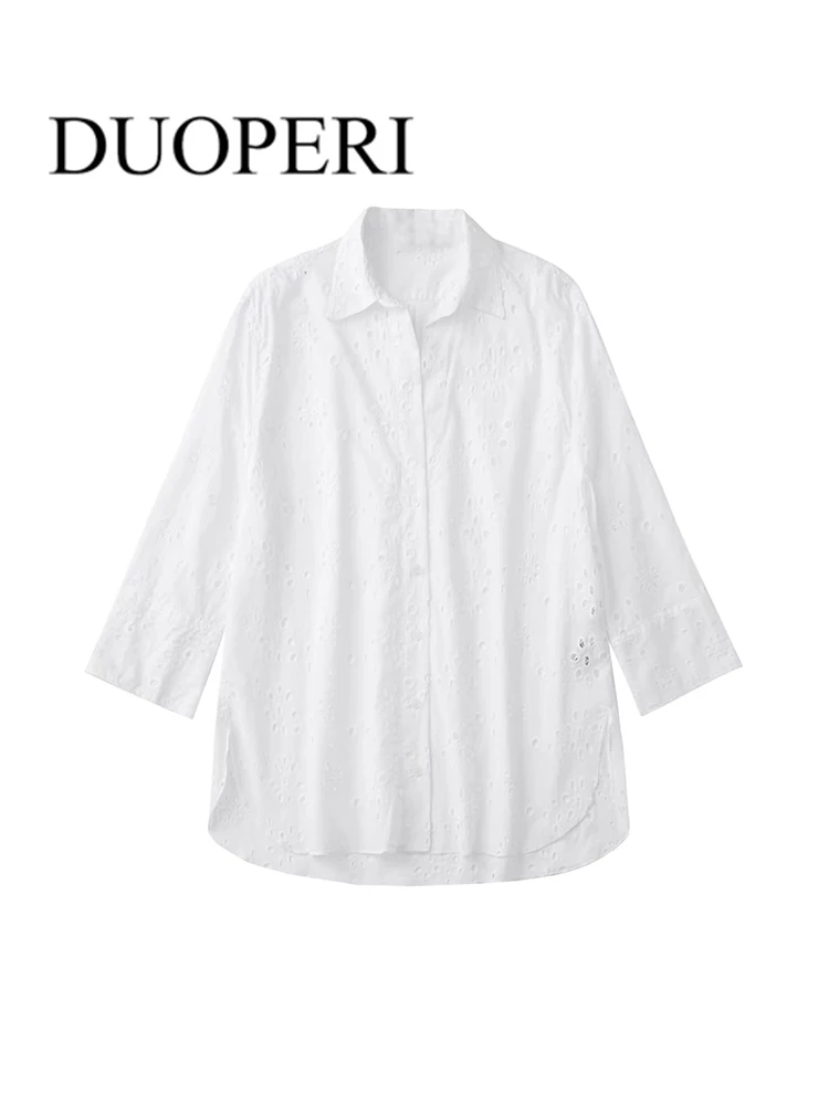 

DUOPERI Women Fashion Hollow Out Embroidery Blouses Vintage Single Breasted Female Shirts Outfits Chic Tops