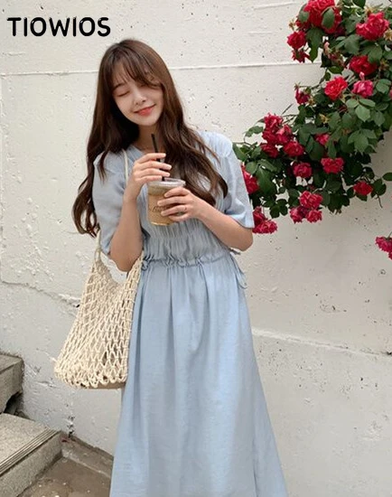 

TIOWIOS Woman Long Dress With Elastic Blue Skirt