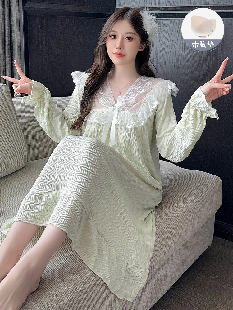 With Chest Pad Nightdress Women's Spring Autumn and Winter Pure Cotton Long sleeve Sexy Cute 2024 New Princess Sle Pajamas...