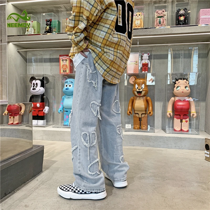 Neemoy Jeans Patches Losse Verontruste Fashion Cargo High Street Ins Gewassen Denim Streetwear Broek Jeugd Hip-Pop Hot Sale