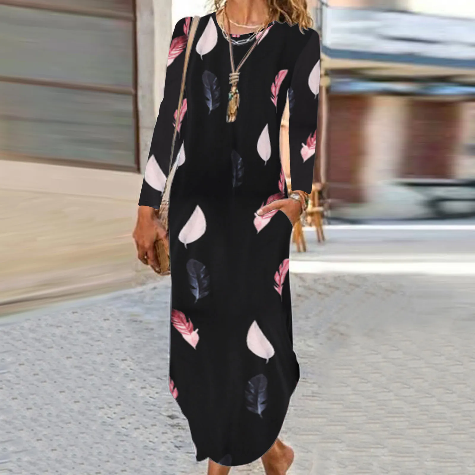 

Women's Fashion Print O Neck Long Sleeve Dress Casual Long Dress Pregnancy Dresses for Women