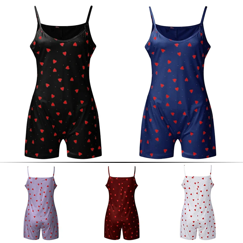 Women Casual Cozy Loungewear Romper Leotard Jumpsuit Bodysuit Pajamas Heart Printed Nightwear Romper Suit