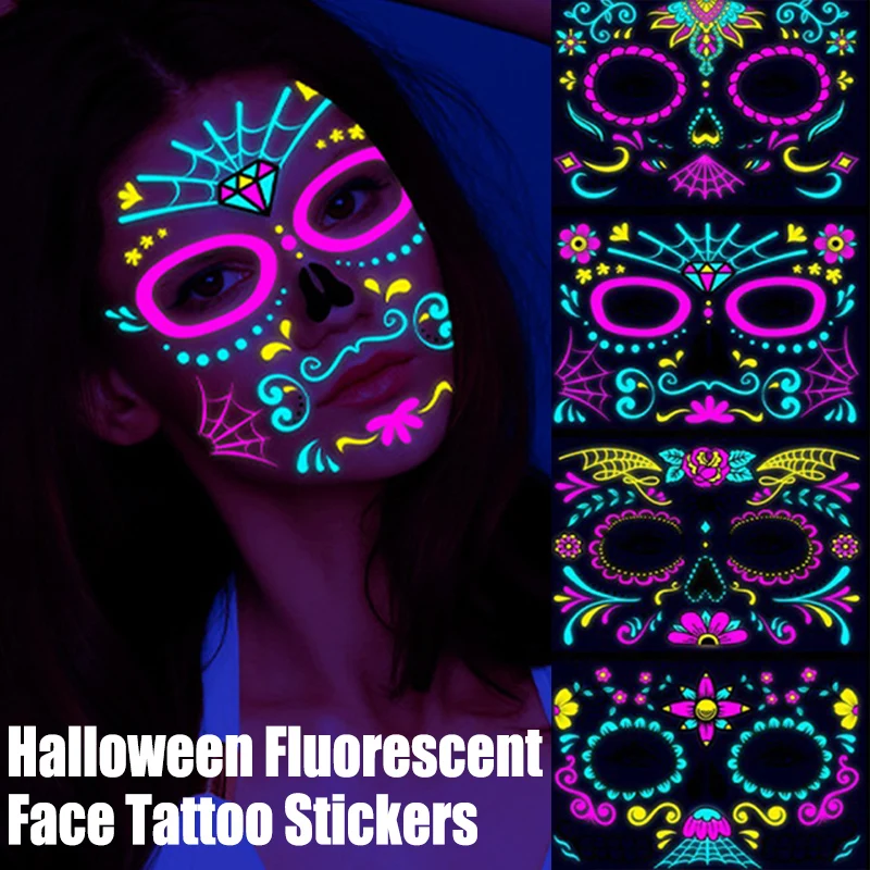 

Facial Makeup Sticker Waterproof Face Tattoo Day of The Dead Skull Face Dress Up Halloween Fluorescent Temporary Tattoo Stickers
