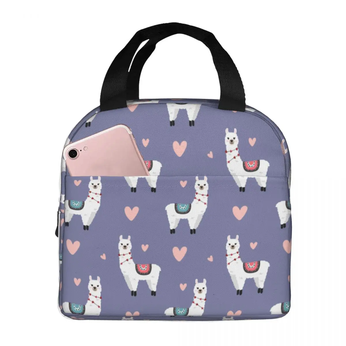 Llamas And Hearts Lunch Bags Portable Insulated Canvas Cooler Bags Thermal Cold Food Picnic Lunch Box for Women Kids