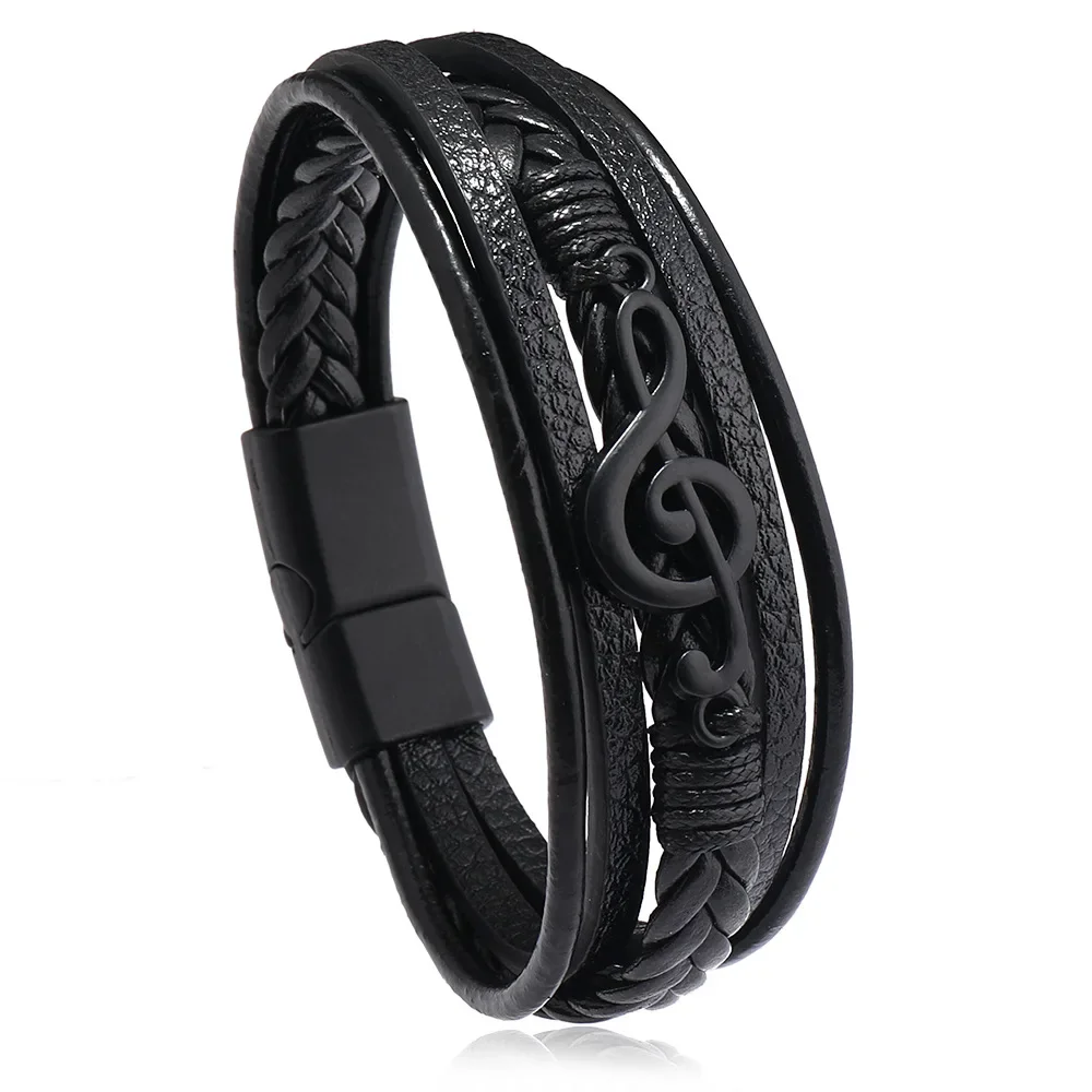 Фото Мужские браслеты Pulsera Hombre в стиле ретро, простые кожаные Многослойные браслеты с музыкальным символом и магнитной застежкой, ювелирные изделия №5
