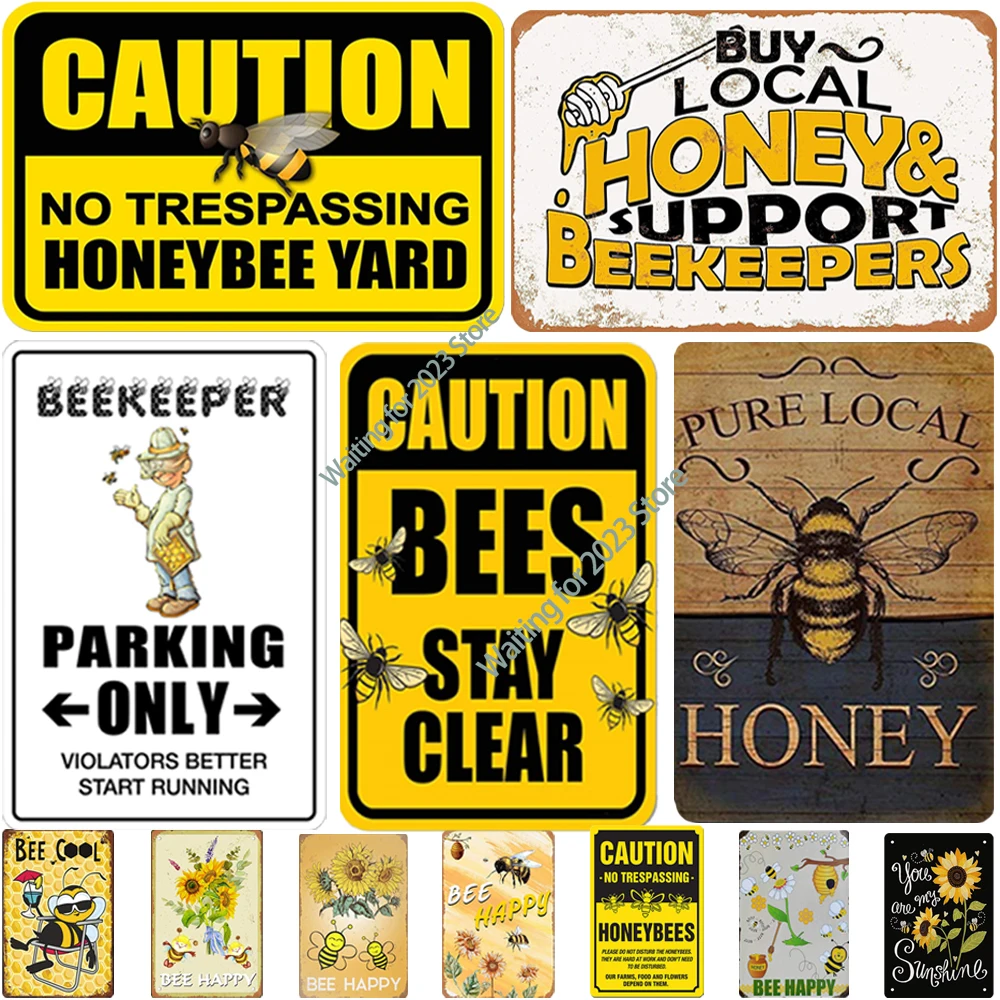 Cartel de hojalata de abeja feliz, carteles de miel, decoración de pared para jardín, granja, apicultor, advertencia, placa de Metal, placas de hierro Vintage