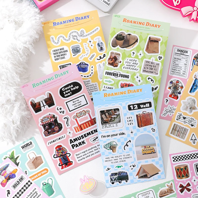 

4Sheet Funny Roaming diary series Stickers Pack Hand Account DIY Decoration Kawaii Stationery Hand Account Stationery Stickers