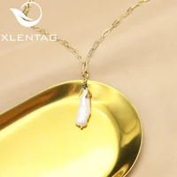 xlentag natural baroque pearls pink flower bud long chain necklace france romantic charm women jewelry valentine day giftsgn0412