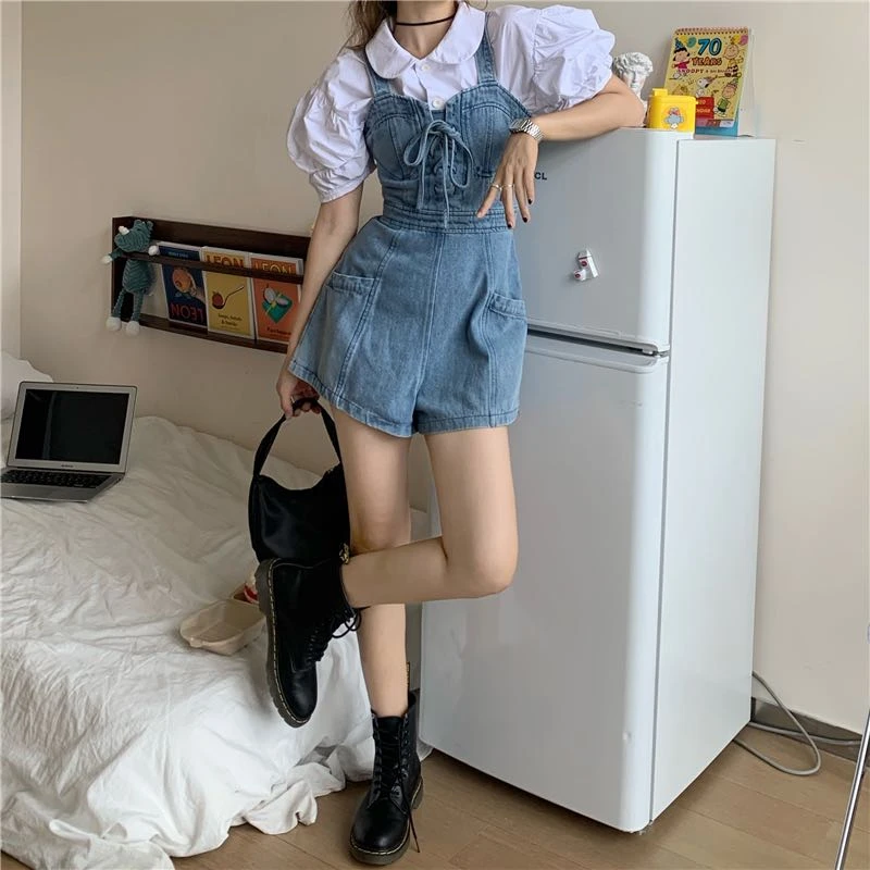 Sweet Women New Short Denim Jumpsuit Romper Women Spring Summer Overalls Female Casual All-Match Short Playsuit Korean Japanese