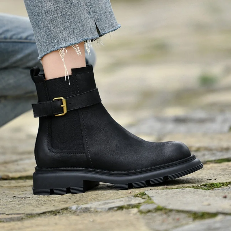 Ботинки Челси женские с круглым носком, ботильоны из воловьей кожи, без застежки, на толстом каблуке, уличная стильная зимняя обувь, весна-осень