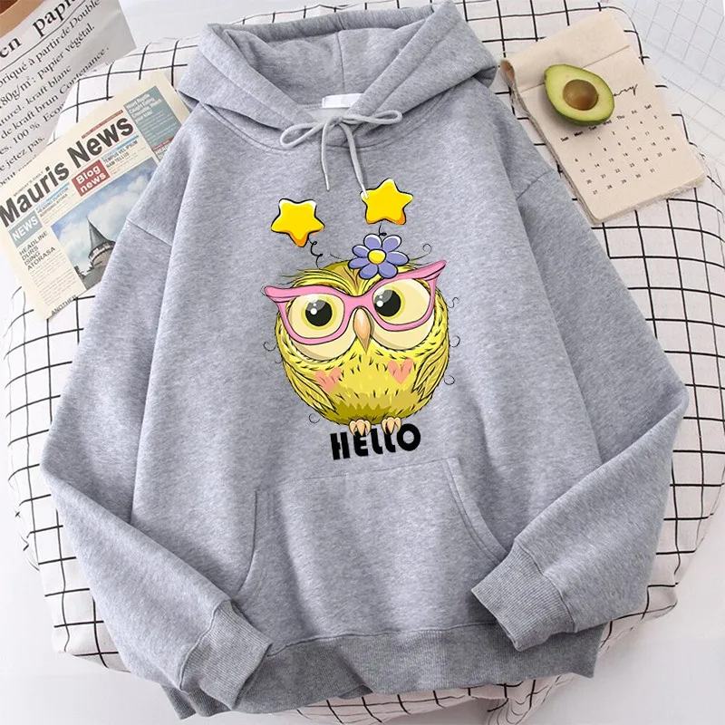 

Hello Owl Graphic Hoodies Women Harajuku Hoodies Fleece Autumn Kawaii Cute Owl Pullover Kpop Sweatshirt Moletom Sudadera Mujer