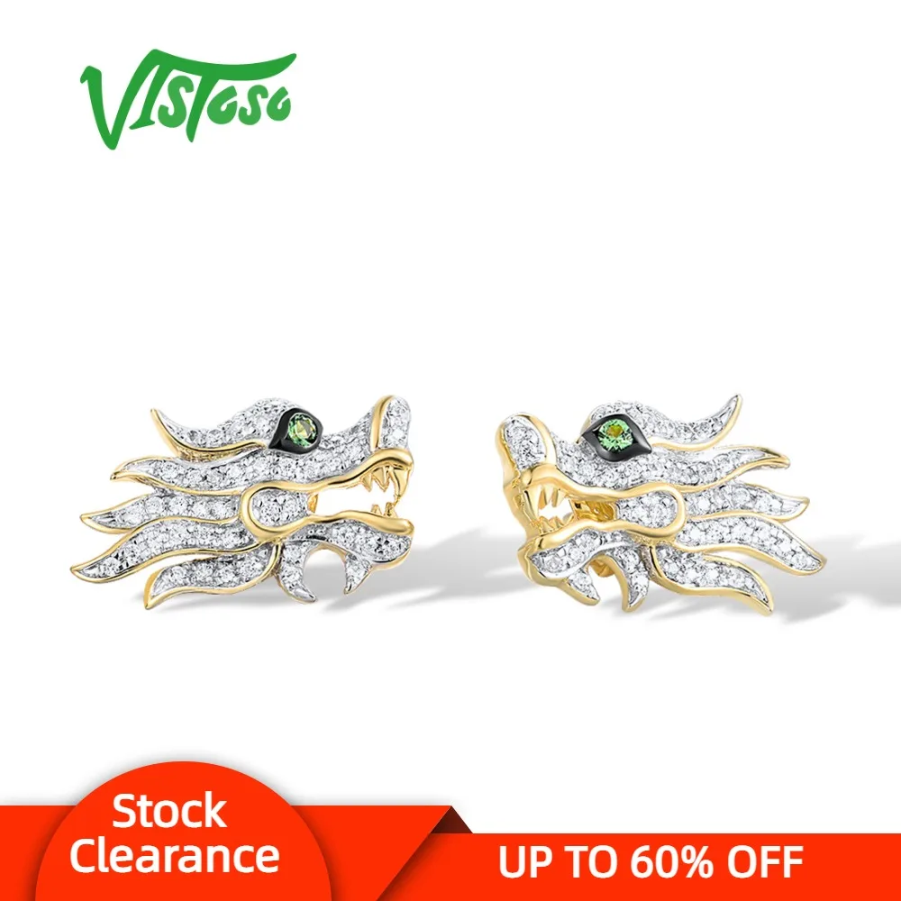 

VISTOSO Gold Earrings For Women 14K 585 Yellow Gold Sparkling Green Garnet Diamond Dragon Stud Earrings Trendy Fine Jewelry