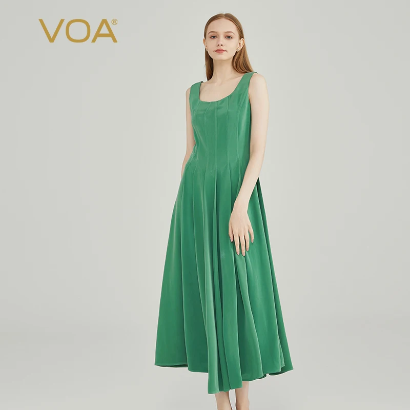 

(Fans Exclusive Discount) VOA Silk Green Grass Square Neck Sand Wash Soft Friendly Sleeveless Dress Women Summer 2023 New AE2192