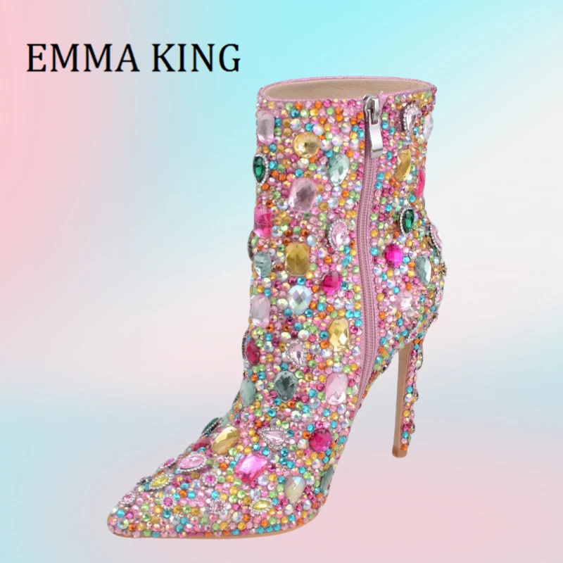 Женские разноцветные ботильоны с инкрустацией бриллиантами женские ботинки на
