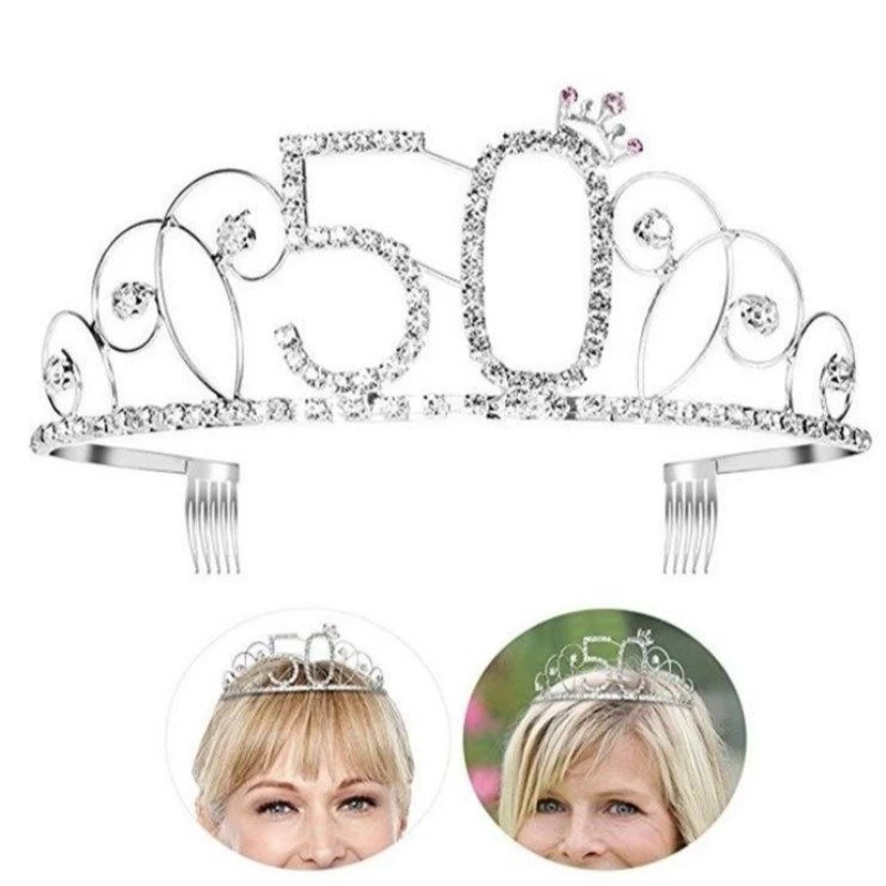 Princess Birthday Party Decoration 18 21 30 40 Rose Gold Crystal  Crown Tiara Bridal Hair Band Happy Birthday Anniversary Party