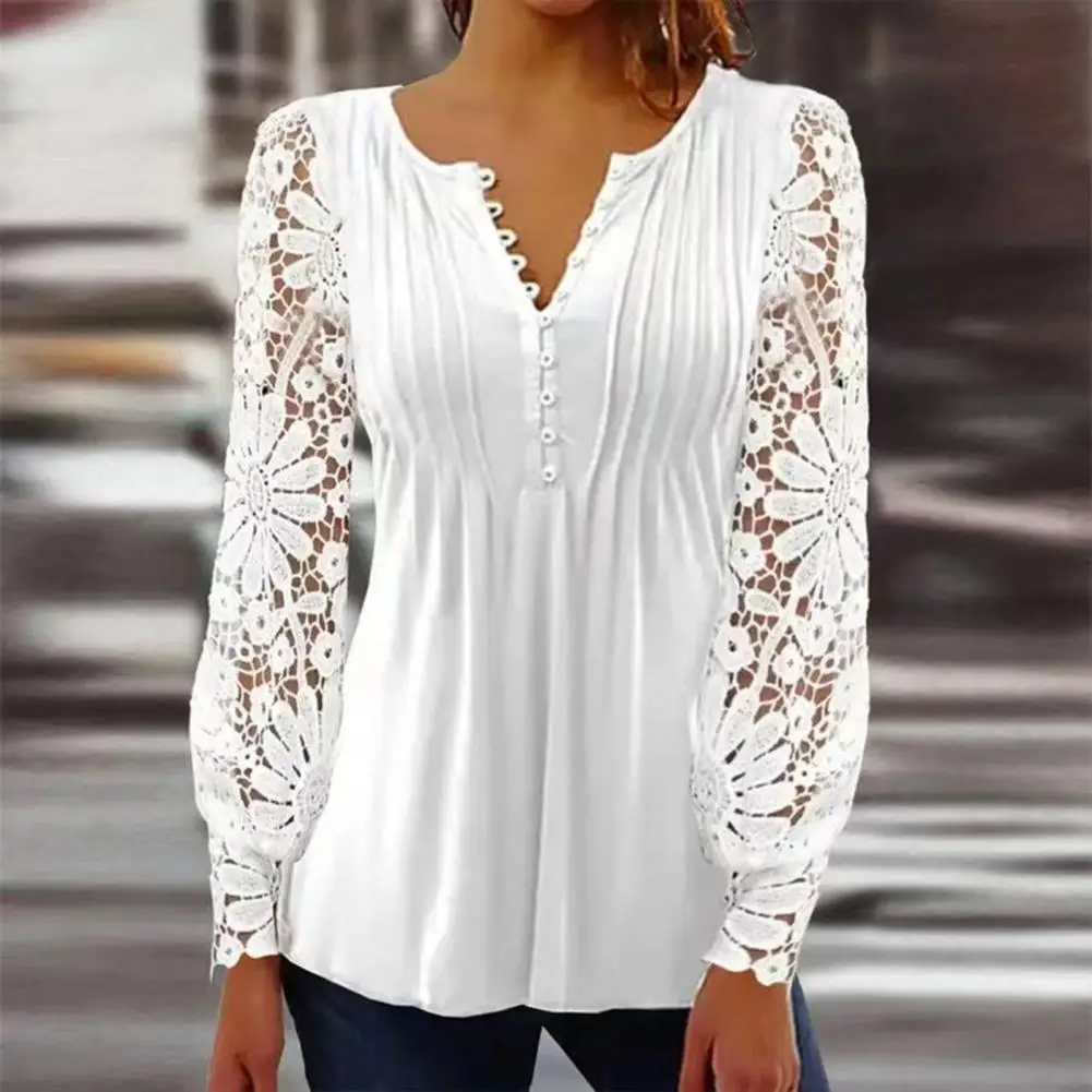 

Elegant Lady Shirt Mid Length Women Spring Top Flower Applique Slim Fit Fall Spring Blouse Match Pants