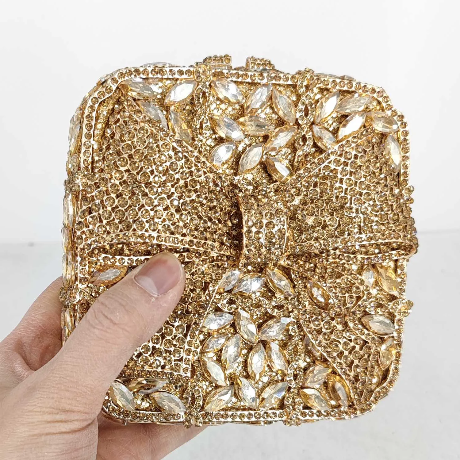 Boutique De FGG Elegant Women Crystal Box Clutch With Bows Evening Bags Fashion Party Dinner Rhinestone Handbags and Purses