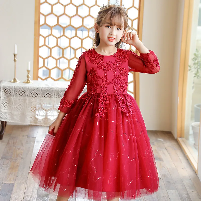 

High Quality Girls Dress Flower Lace Embroidery Princess Dress Girls Christmas Evening Party Kids Dress Wedding Girls Ball Gown