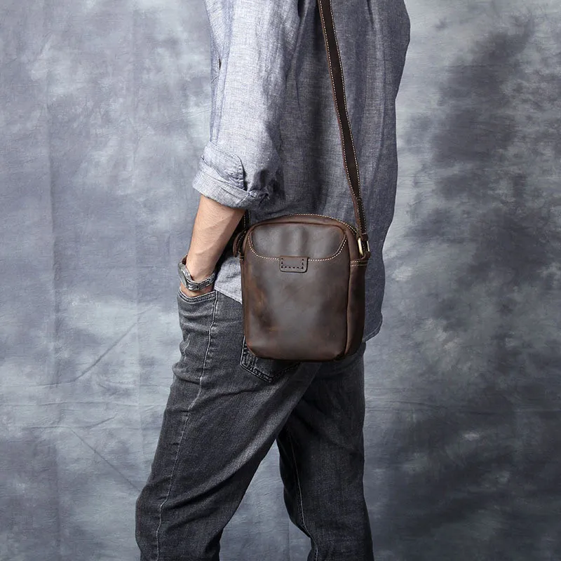 

Винтажная маленькая сумка через плечо для телефона из натуральной кожи для мужчин, модная повседневная Сумочка crazy horse из воловьей кожи, повседневный миниатюрный мессенджер