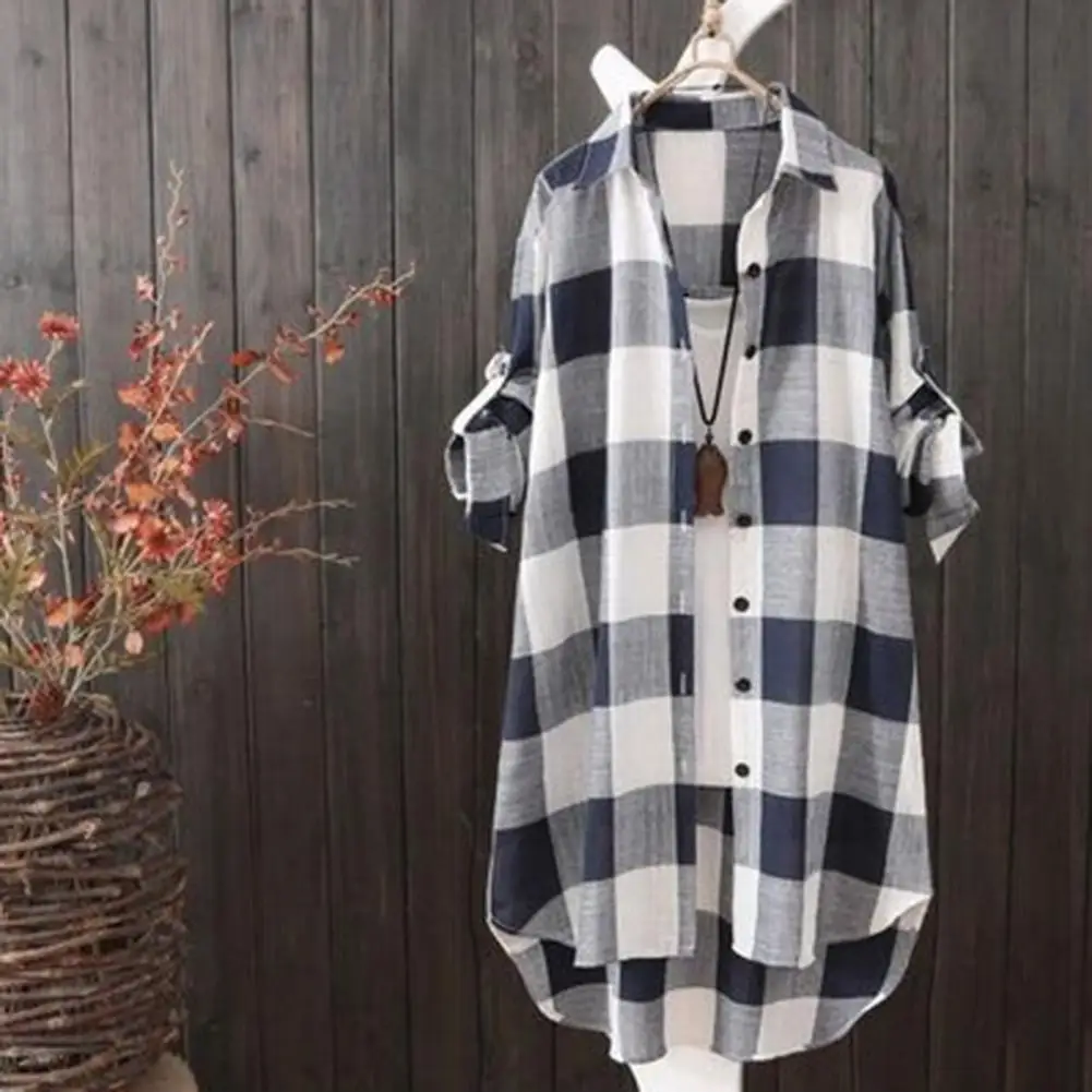 

Check Print Women Shirt Plaid Print Women's Shirt Irregular Hem Long Sleeve Lapel Oversized Breathable Lady Top Women Shirt