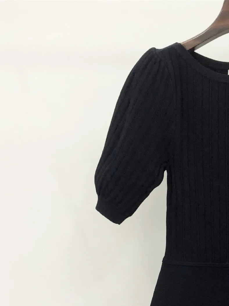 Women Black Knit Elastic Waist Mini Dress Short Sleeve Rib 2023 Early Spring Metal Buttons O-neck Slim Female Simple Robe