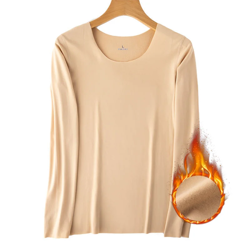 

Woman Thermal Underwear Winter Fleece Warm Tops Long Sleeves Shirt Seamless Body Shaper Thin Round Neck Bottoming Thermals