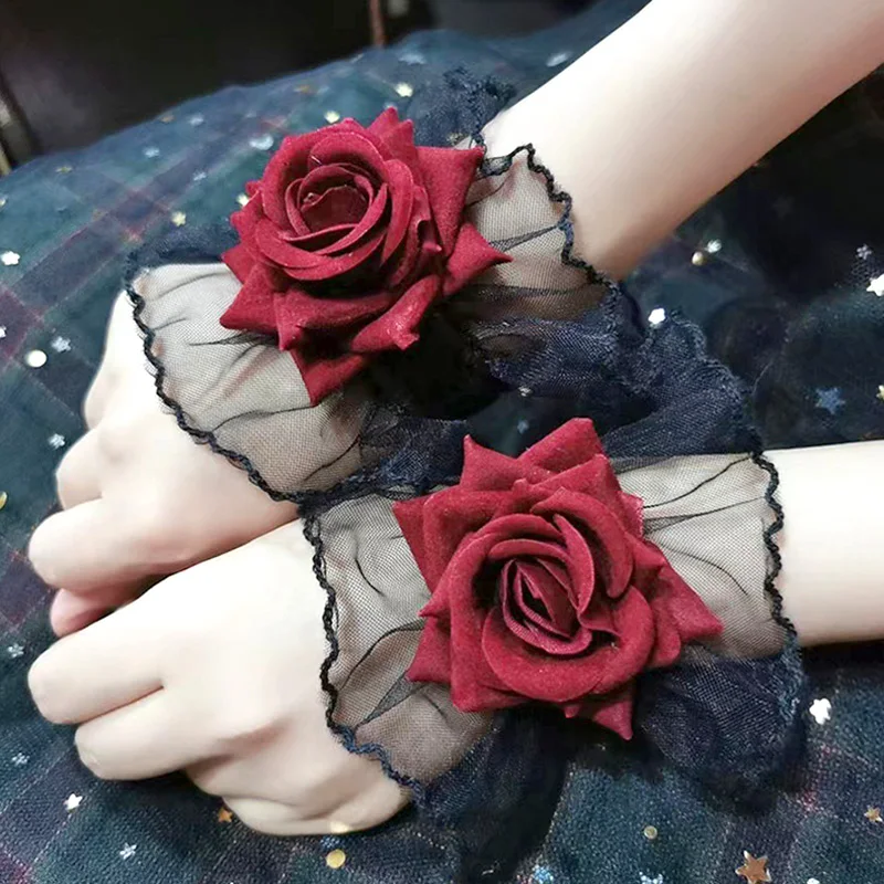 

Gothic Lolita Wrist Cuffs Sweet Satin Bow Ruffles Floral Lace Tulle Bracelet Wristband Japanese Maid Cosplay Hand Sleeve