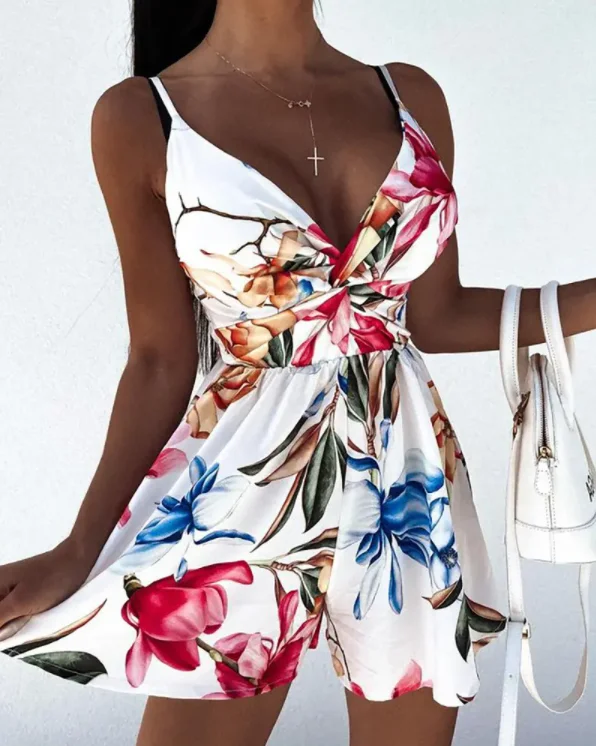 

Spaghetti Strap Ruched Romper Women's Jumpsuit Sexy Floral Print Jumpsuits
