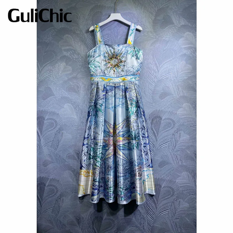 

6.8 GuliChic Bohemian Fashion Print Crystal Sequins Beading High Waist Slim Temperament Spaghetti Strap Dress Women