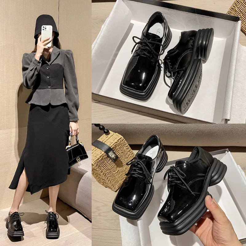 

Square head platform small shoes women spring new lace-up England loafers thick heels Mary Jane large size women's shoes