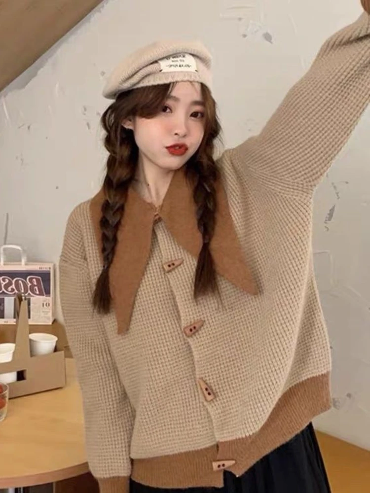 

Кардиган контрастных цветов, Женский однобортный свитер с длинным рукавом и отложным воротником, топы в стиле пэчворк, весна-осень