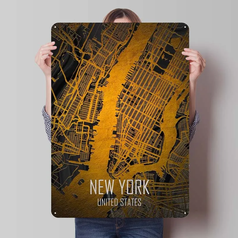 Мраморный черный Золотой металлический постер Нью-Йорк украшение для дома