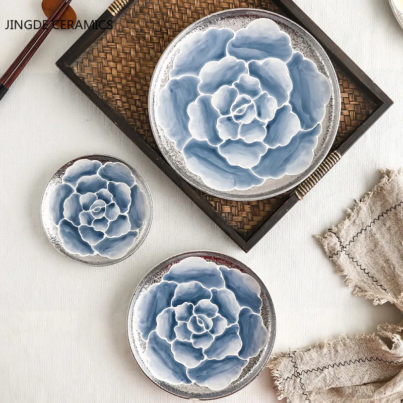 

Chinese Style Peony Print Ceramic Dinner Plate Food Dessert Plate Kitchen Tableware Fruit Salad Steak Plate Breakfast Plate