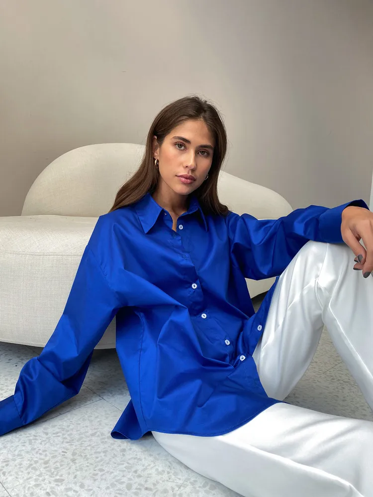 Green Oversize Blouse for Women Turn-down Collar Streetwear Loose Boyfriend Style Shirt Female Long Sleeve Basic Top