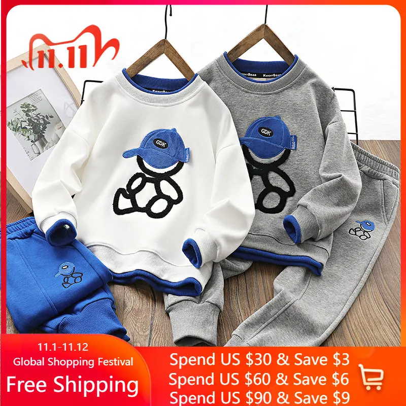 

4-14Y Kids Boys Clothing Set Spring Autumn Children Embroidery Bear Sweater Trousers Tracksuits Teenage Tops Pants 2PCS Outfits