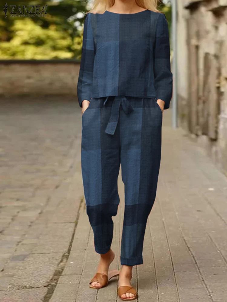 

Women Summer Blouses ZANZEA 2022 kaftan Check Tracksuits Long Sleeve Blouses Pants Female Casual Plaid Matching Sets Tunic