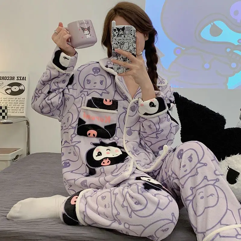 

Пижама из кораллового флиса Hello Kittys Sanrios Kawaii Kuromi осень/зима с длинным рукавом Толстая теплая одежда для лица фиолетовая домашняя одежда