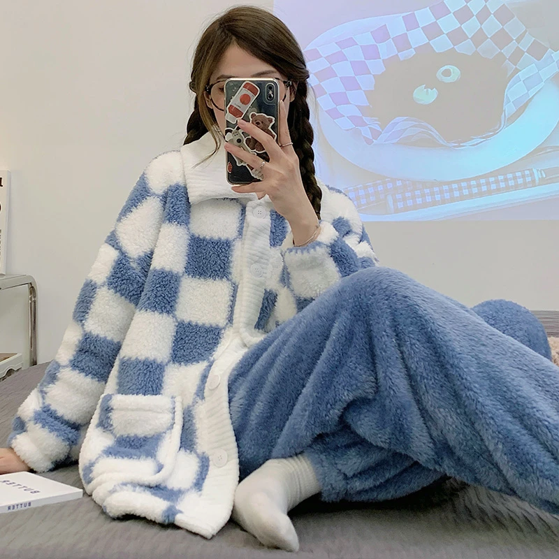 

Flannel Cardigan Women Pajamas Elegant Light Blue Plaid Ladies Thick Coral Fleece Pyjamas Winter Warm 2-piece Homewear Sleepwear