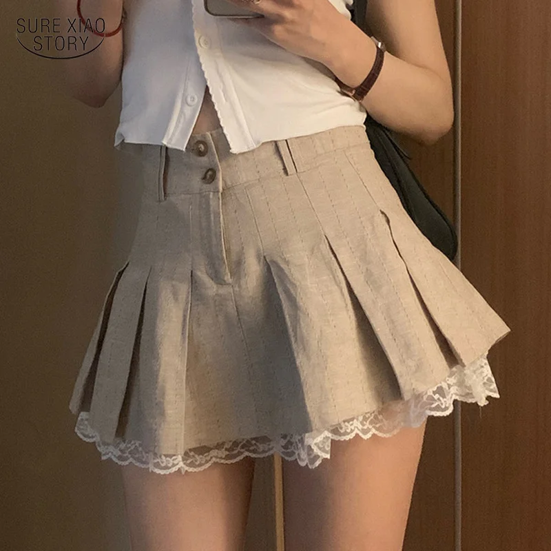 

Preppy Style Button High Waist Summer Mini Sexy Skirt Sweet Korean Fashion Khaki Short Skirt Lace Cute Pleated Skirt Women 20580