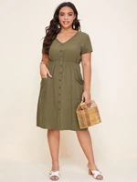 summer solid color short sleeve button dress elastic waist loose casual vestidos plus size womens clothing