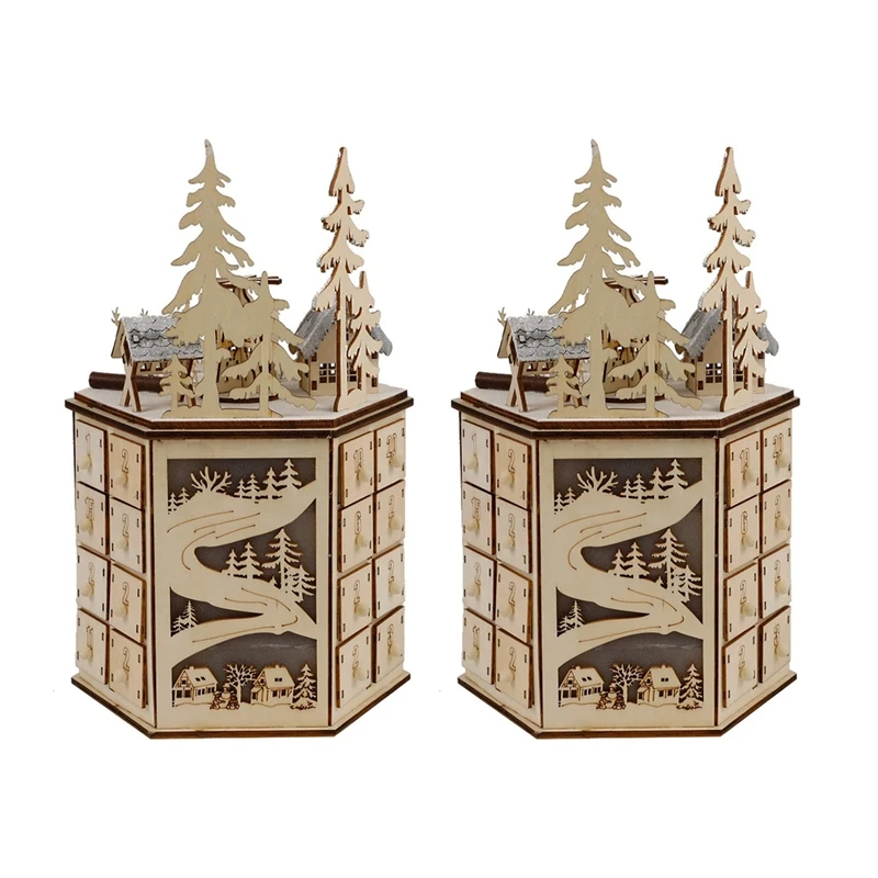 

2X LED Revolving Music Box Advent Calendar Decorated With LED Lights Wooden Carved 24 Day Countdown
